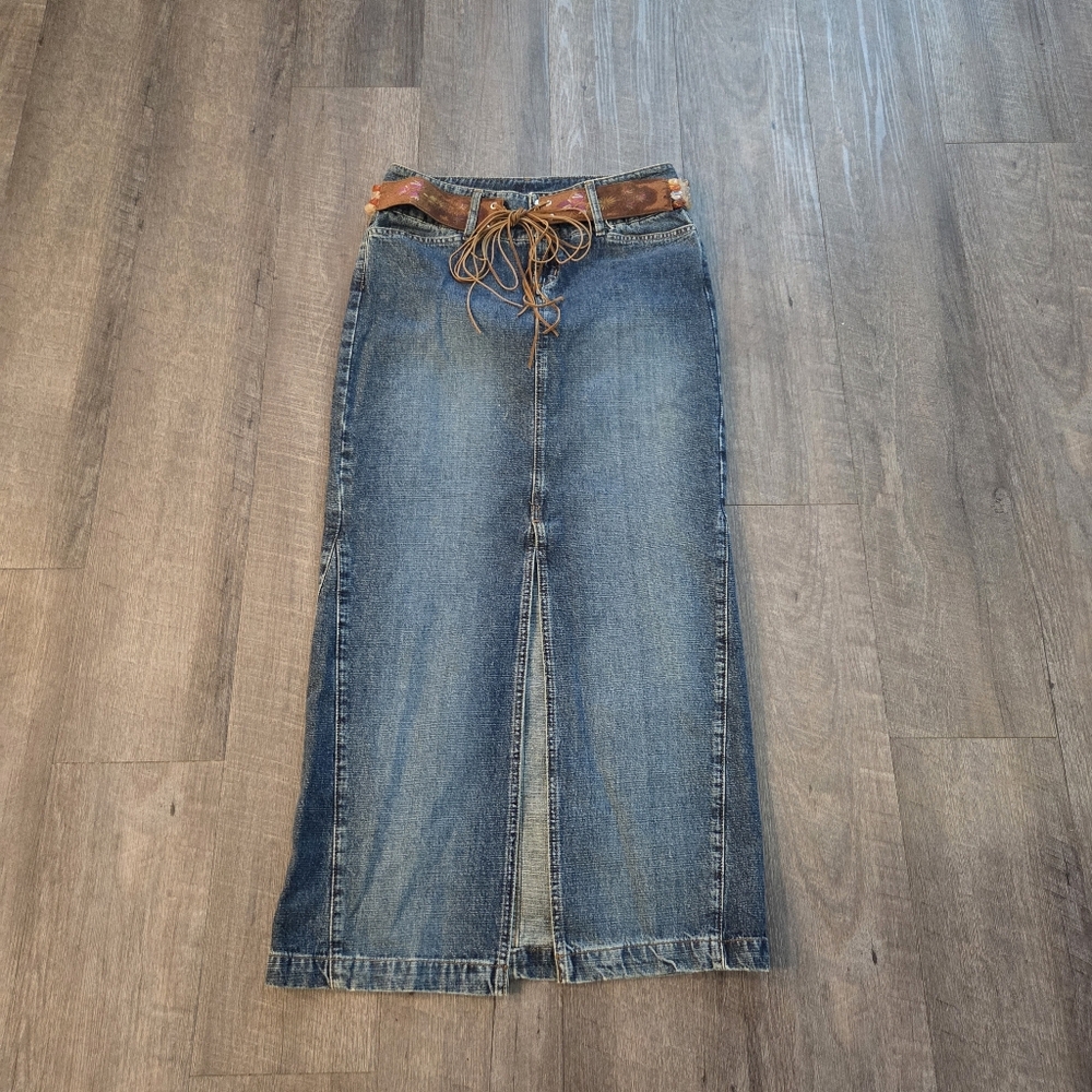 90s  Paris Blues split front maxi denim skirt Sz 5 vintage pockets Boho Western